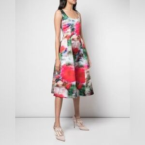 NWT Adam Lippes Satin Duchess Fluted Midi Tea Dress Multi Floral 0